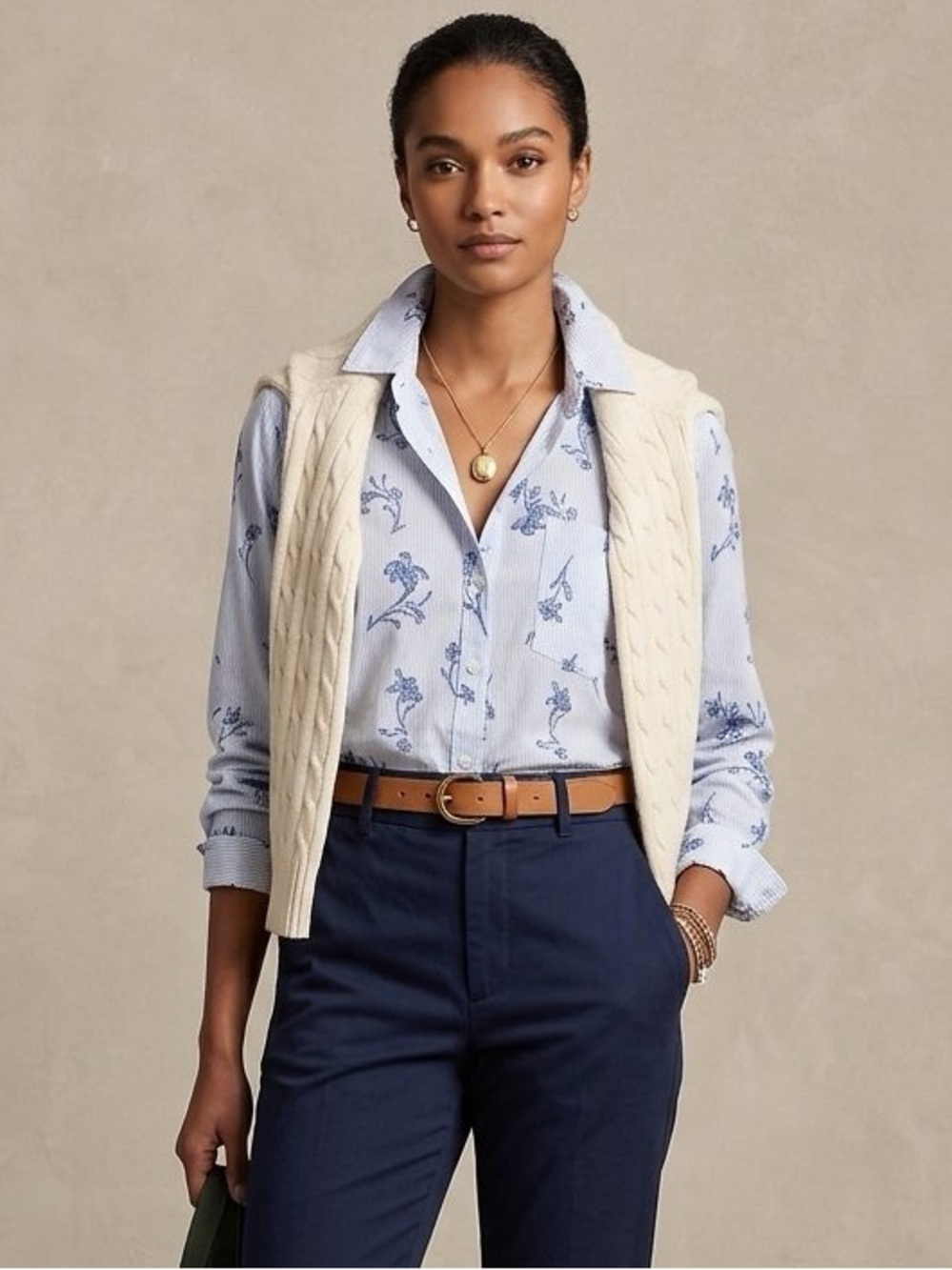 Preppy Blue Stripe & Floral Button-Down Shirt for Women NWT